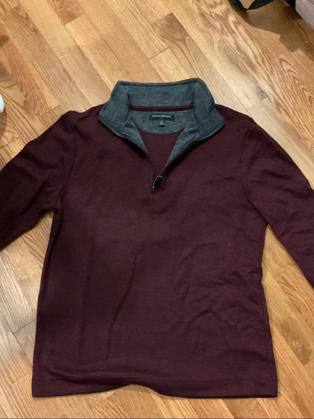 Banana Republic Men's Burgundy Zip-Up Sweater with Gray Collar